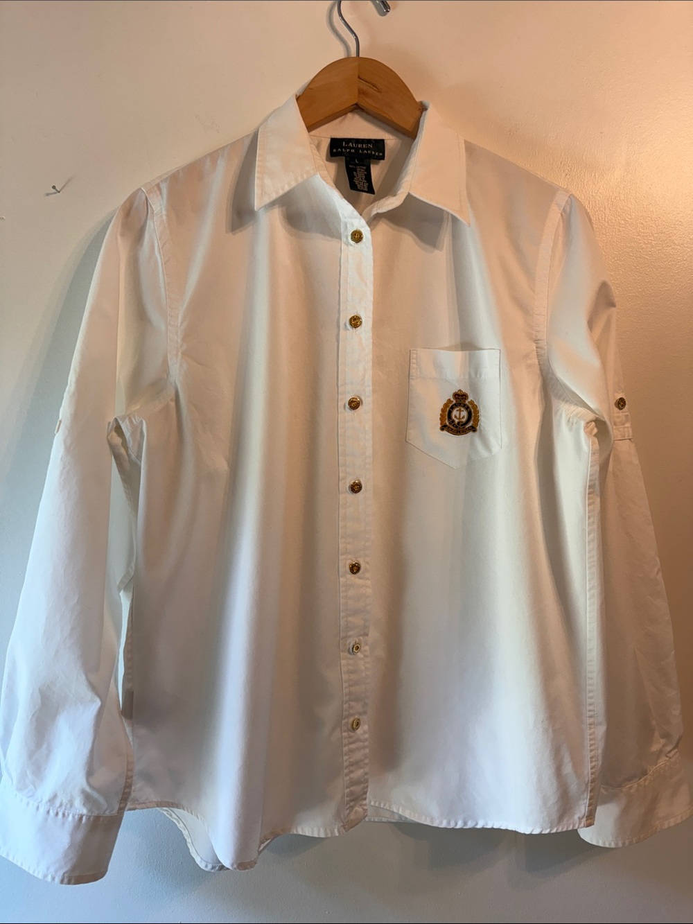 Lauren Ralph Lauren White Button-Down Shirt with Crest Pocket and Gold Buttons